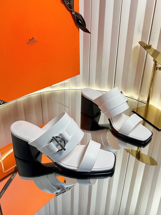 Hermes Classic Buckle Decor Block Heel Leather Slides
