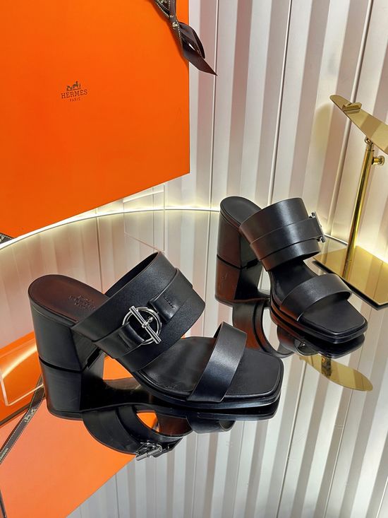 Hermes Classic Buckle Decor Block Heel Leather Slides