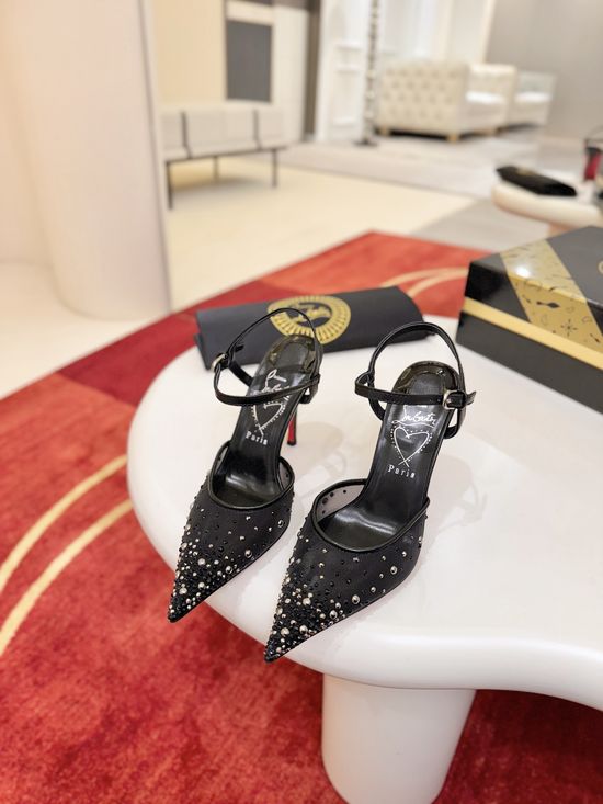 Christian Louboutine Mesh Rhinestone Decor Heeled Sandals Adjustable Ankle Strap