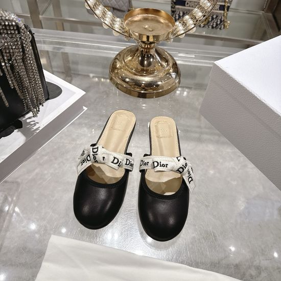Christian Dior Embroidered Bow Flat Mule Slippers Comfortable Footwear