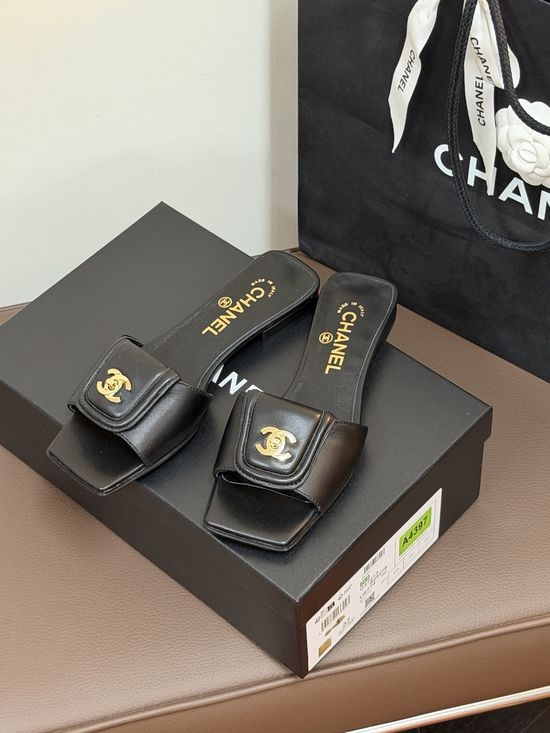 Chanel Lambskin Square Toe Slip On Slide Sandals