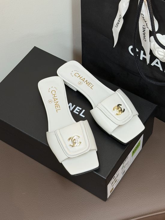 Chanel Lambskin Square Toe Slip On Slide Sandals