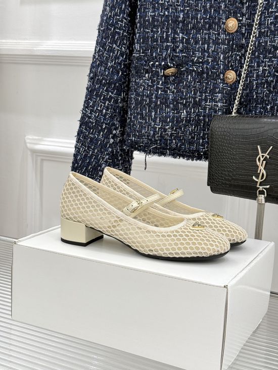 Prada Mesh Cutout Chunky Heel Mary Jane Shoes With Logo Emblem